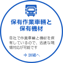 保有作業車輛と保有機材　自社で作業車輛と機材を保有しているので、迅速な現場対応が可能です